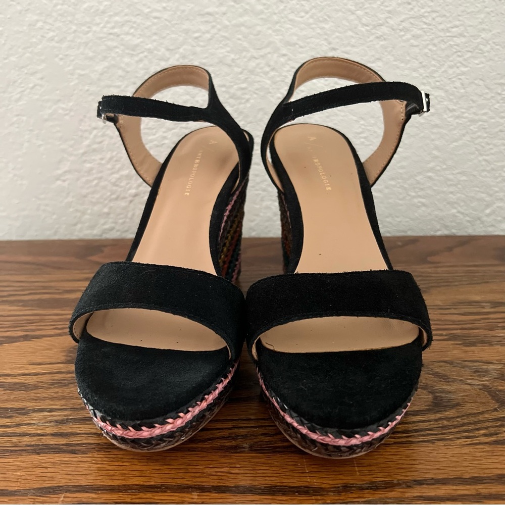 Anthropologie Black Wedges With Multicolor Woven Heels EU 39 US 9 - Picture 5 of 8